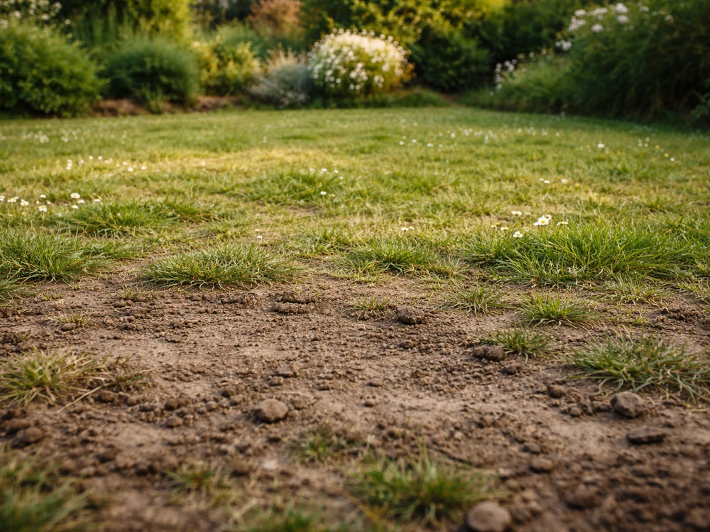 Pelouse clairsemée et sol dur, zone nue prête à être regarnie, ambiance jardin au printemps