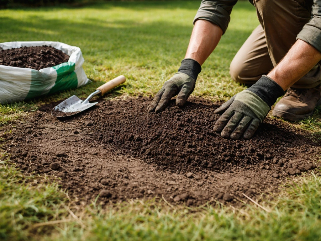 Mains gantées étalant une fine couche de terreau sur un emplacement de jardin préparé