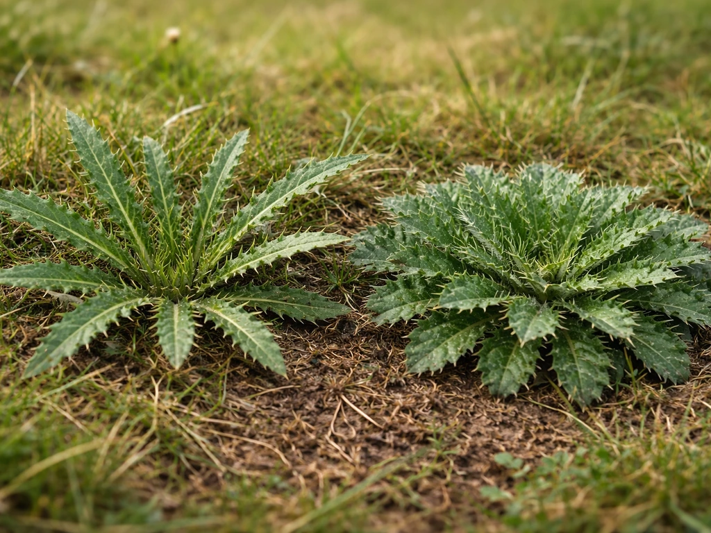 Gros plan de deux rosettes de chardon dans le gazon, feuilles nettes pour aider à les distinguer.