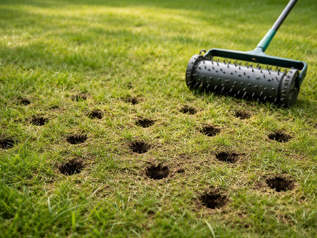 Pelouse aérée avec trous d’aération et outil de décompactage au sol, jardin naturel.