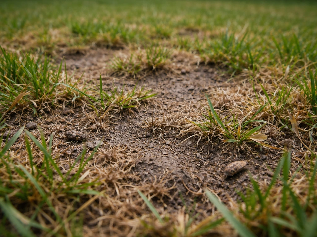 Gazon clairsemé avec petites plaques brunes et insectes visibles près du sol.
