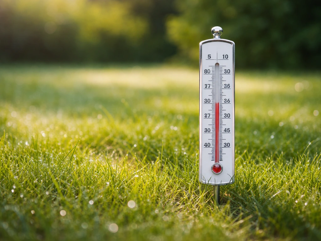 Thermomètre de jardin près d’un gazon légèrement humide, soleil doux du matin, température au-dessus de 15–20 °C.