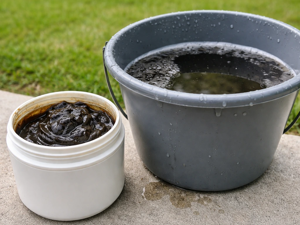 Pot de savon noir dilué et seau de mélange prêt à être appliqué sur le gazon