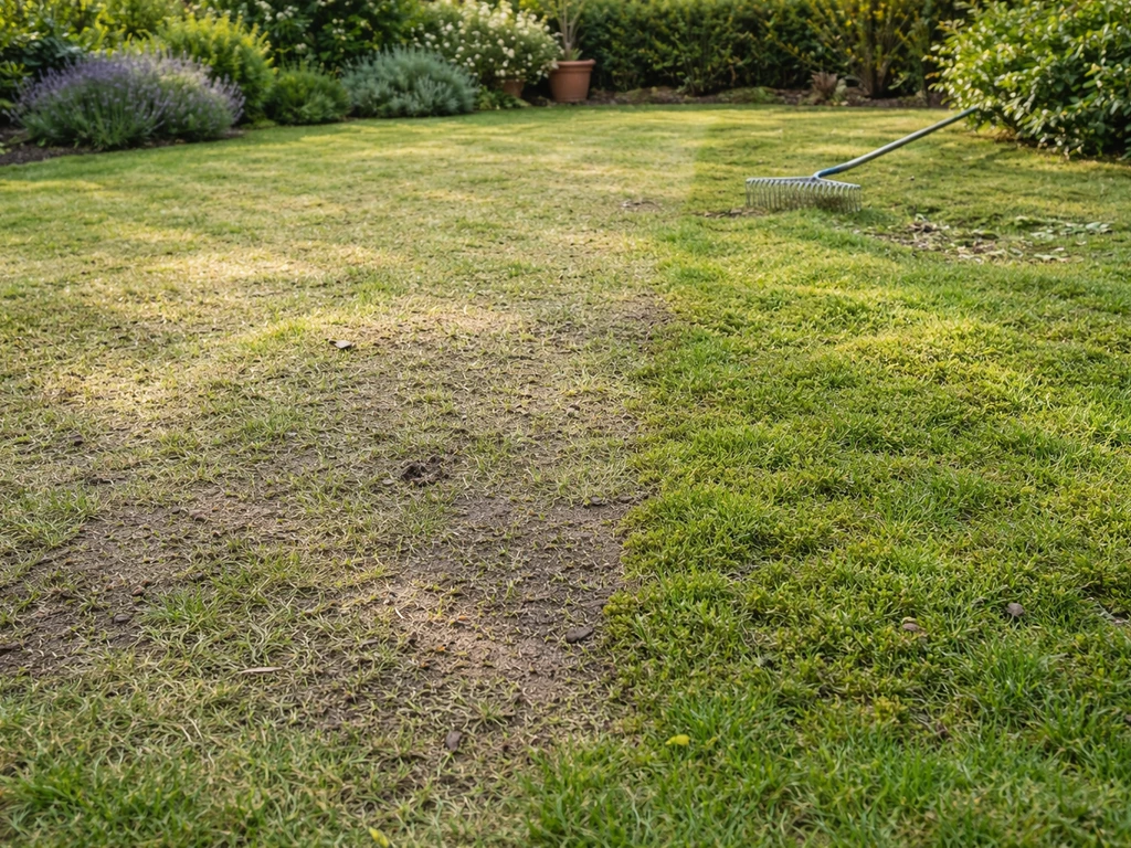 Pelouse de jardin après démoussage : zones aérées et autres encore envahies par la mousse, vue large.