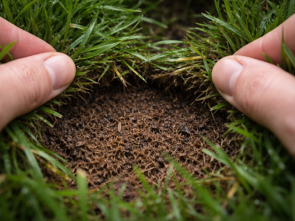 Gros plan sur une pelouse humide : brins écartés révélant une couche brune spongieuse.