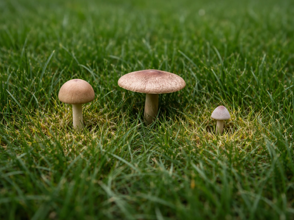 Gros plan sur des champignons de pelouse et des zones jaunies du gazon, pour illustrer l’identification.
