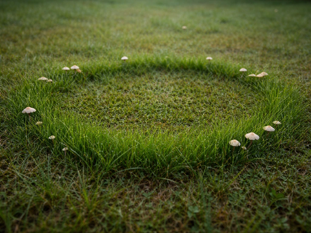 Anneau de gazon nettement plus vert, avec quelques champignons au bord, vue au ras du sol.