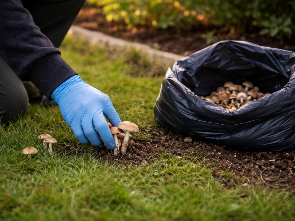 Personne en gants ramassant des champignons du jardin puis les déposant dans un sac poubelle fermé