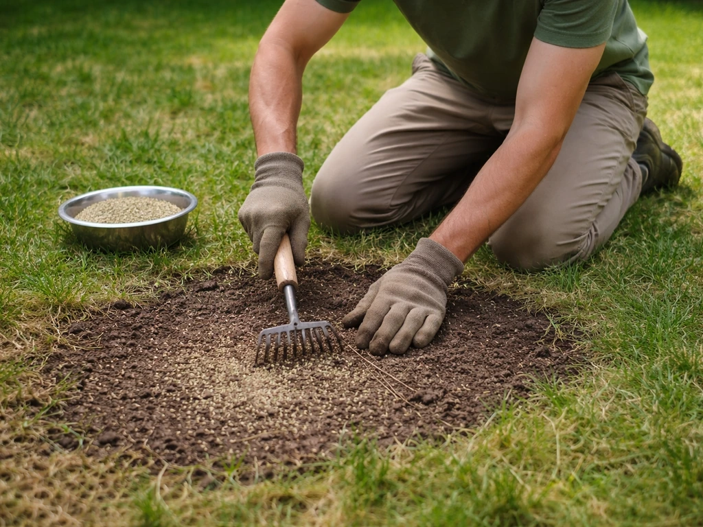 Graines de gazon visibles sur une zone clairsemée, puis griffage léger pour favoriser l’implantation.