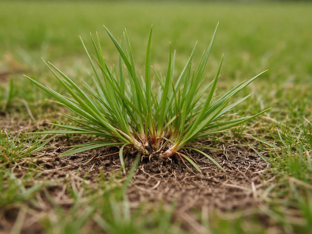 Gros plan sur des feuilles planes de chiendent du gazon avec tiges et rhizomes visibles dans une pelouse