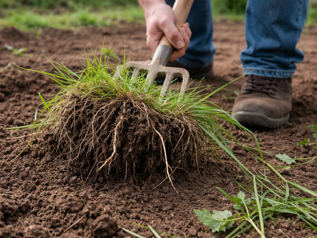 Mains au niveau du sol utilisant une fourche-bêche pour arracher le chiendent et ses rhizomes.