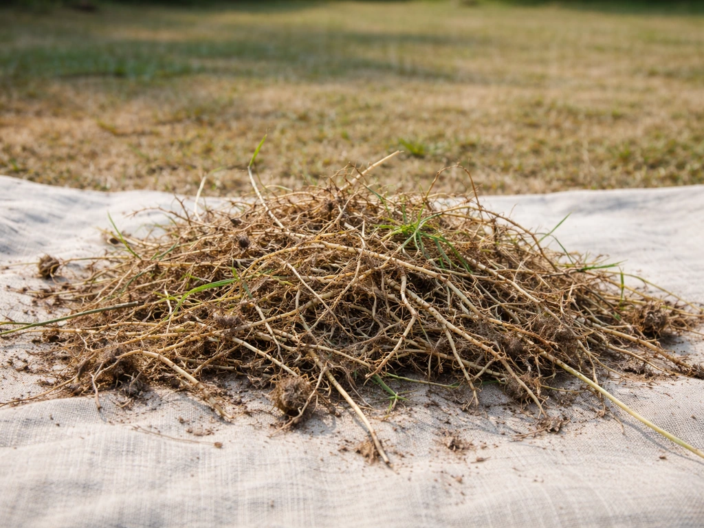 Après arrachage, rhizomes de chiendent retirés et mis à sécher au soleil sur une bâche, sans repousse.