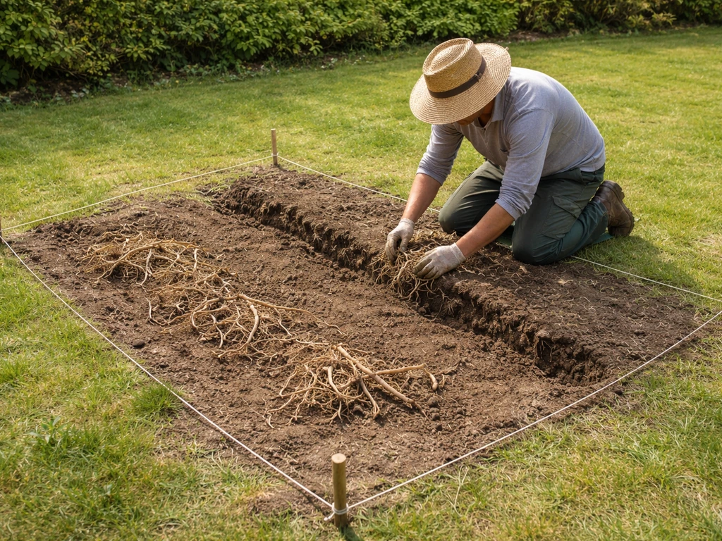 Excavation d’une petite zone de 2–3 m² au jardin, sol mis à nu et rhizomes retirés, périmètre délimité.