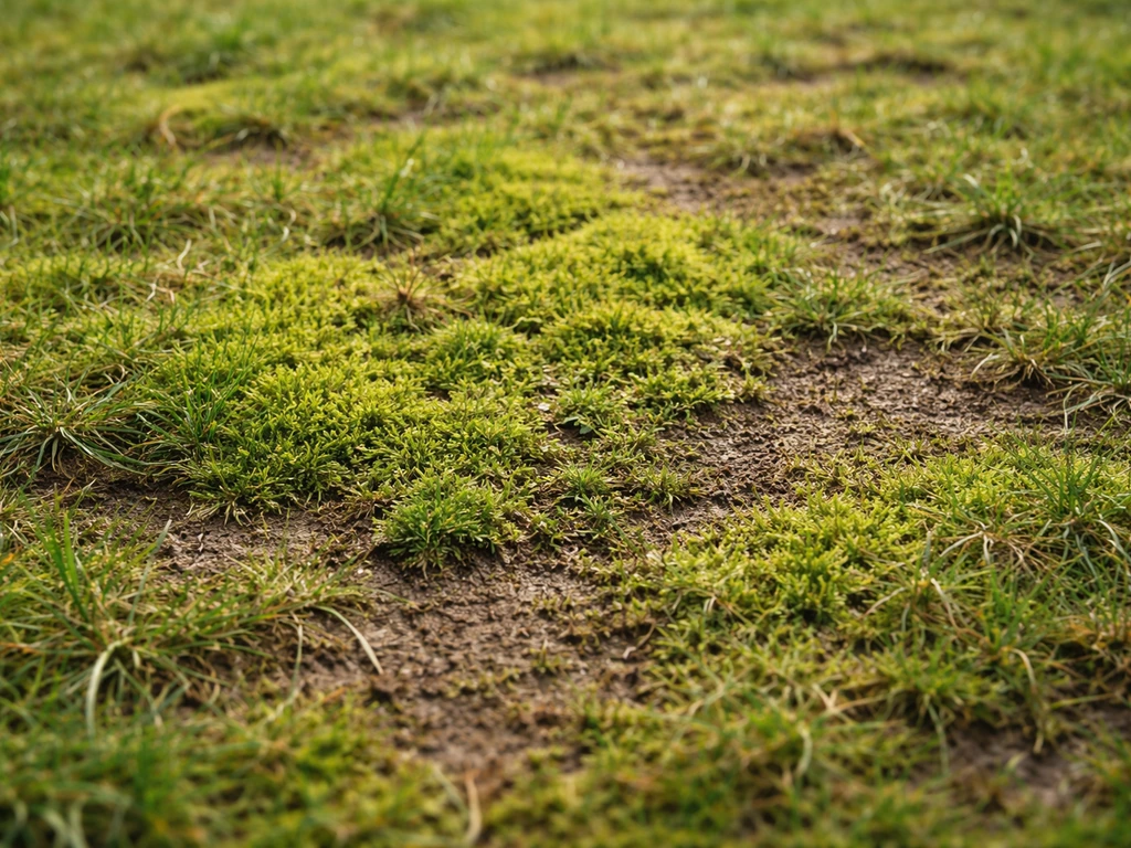 Vue rapprochée d’un gazon abîmé avec mousse dense, sol humide et herbe par plaques.