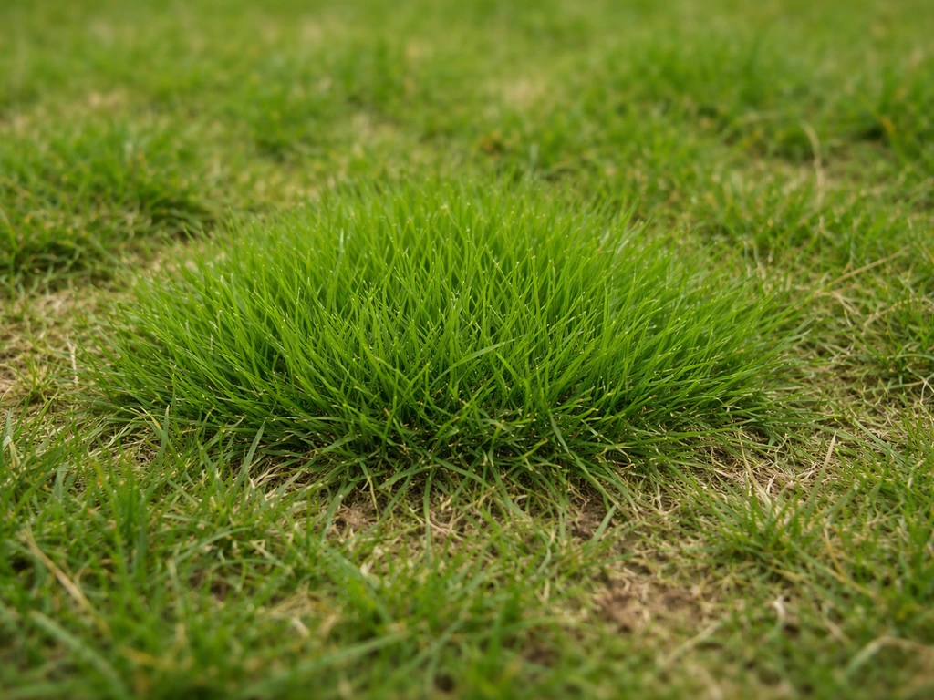 Gros plan sur une touffe de pâturin annuel vert vif au sein d’une pelouse, contraste de densité avec le reste du gazon.