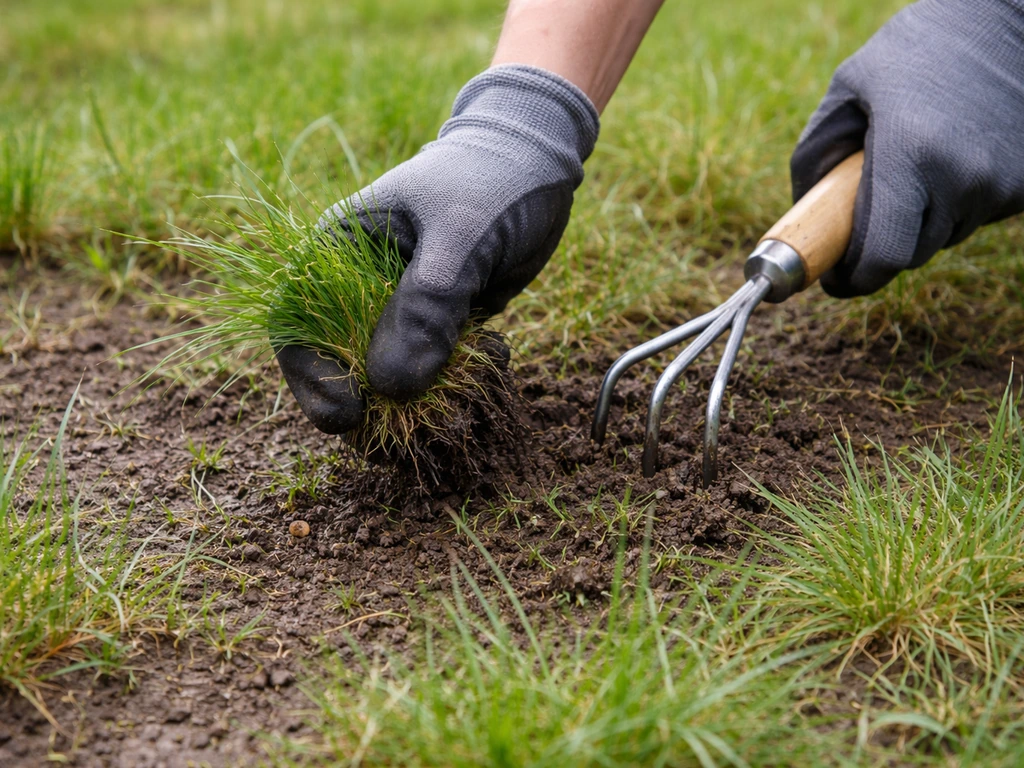 Main gantée arrachant des touffes de pâturin annuel avant la montée en graines, près du sol
