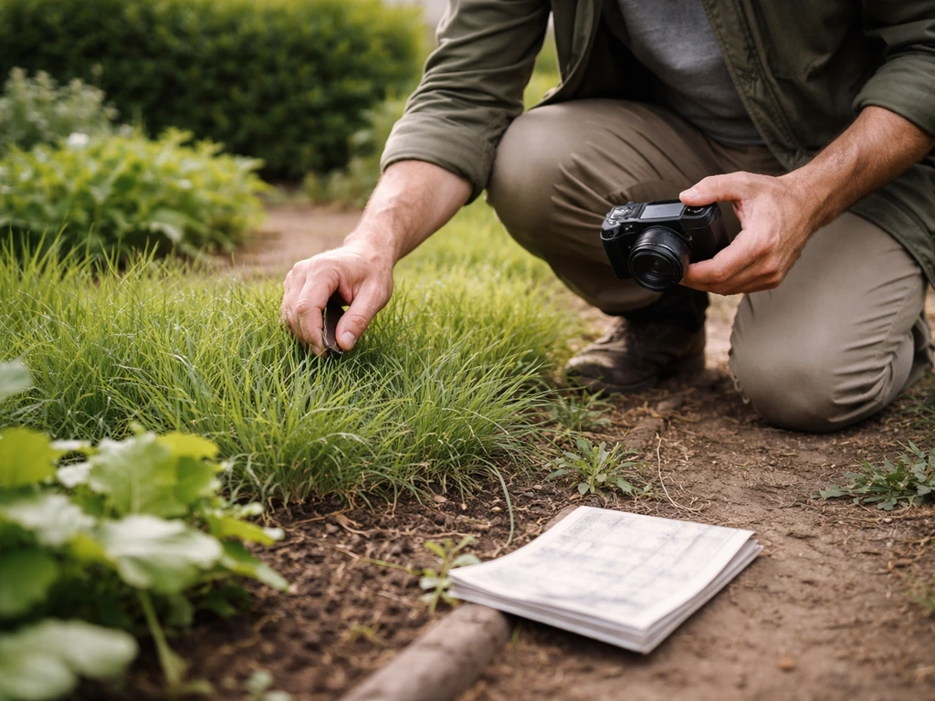 Jardinier anonyme en action, carnet et appareil photo près de touffes d’herbe à surveiller dans le jardin.