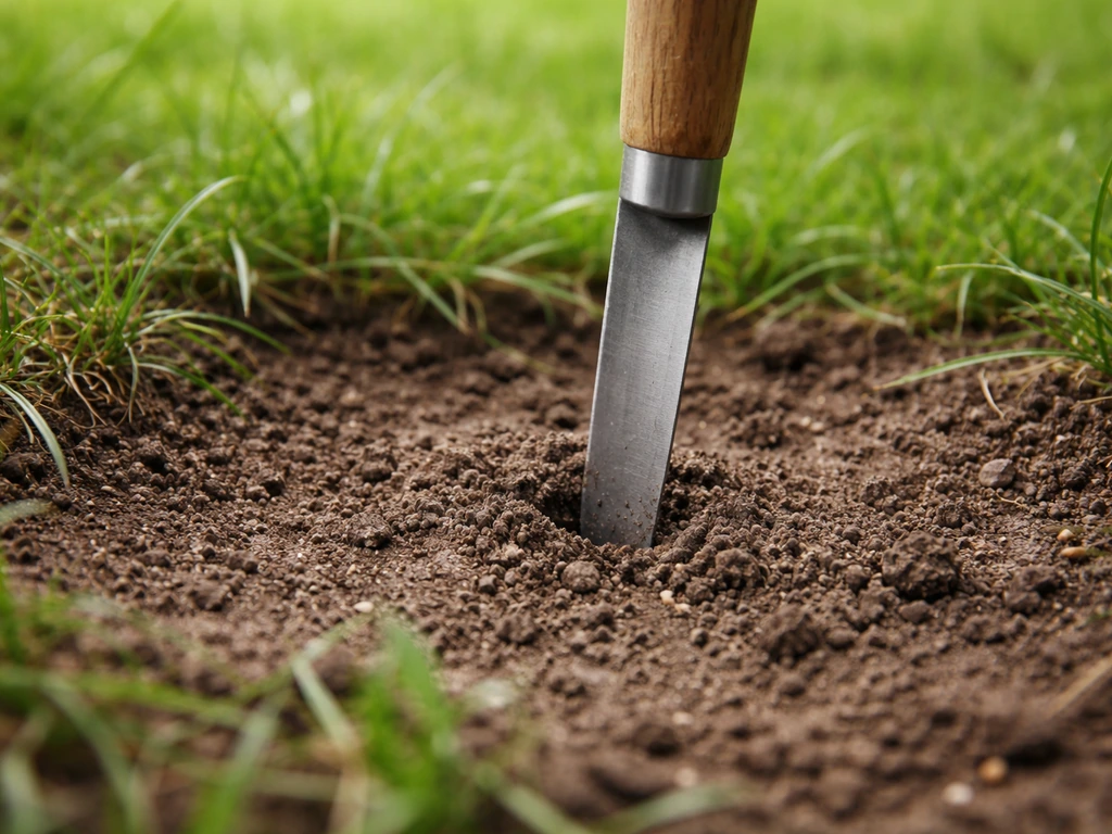 Tournevis enfoncé dans le sol, montrant la résistance d’un terrain de pelouse compacté.