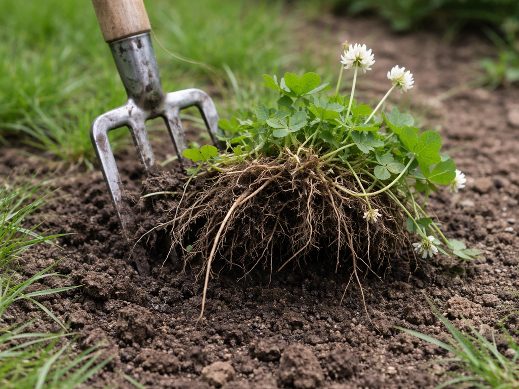 Fourche à désherber tirant des stolons et racines de trèfle blanc sur une petite parcelle de terre