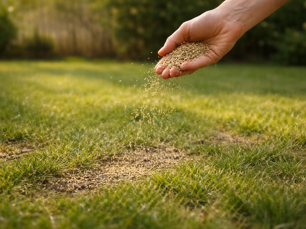 Graines de gazon éparpillées sur une pelouse existante claire, arrosage léger et jardin calme.