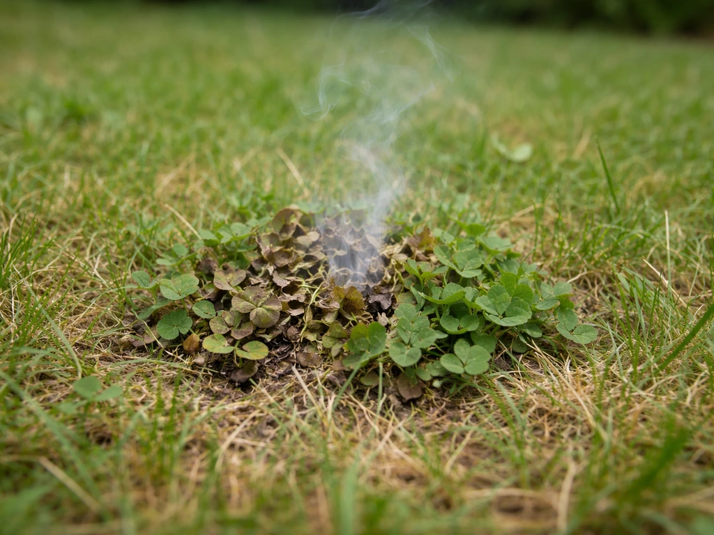Désherbage thermique sur une petite zone : feuillage de trèfle brûlé légèrement, sol et herbe visibles.
