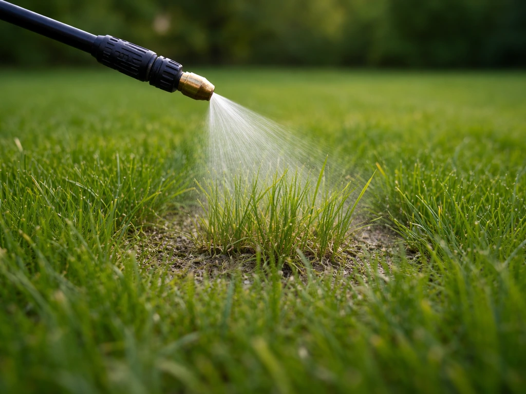 Arroseur à pression appliquant un herbicide entre des brins de graminées, gazon vert épargné en arrière-plan.