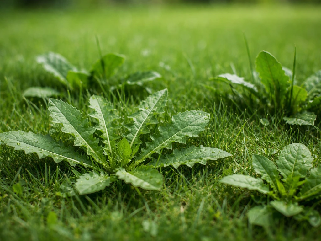 Gros plan d’un pissenlit et d’autres mauvaises herbes à feuilles larges dans une pelouse verte.