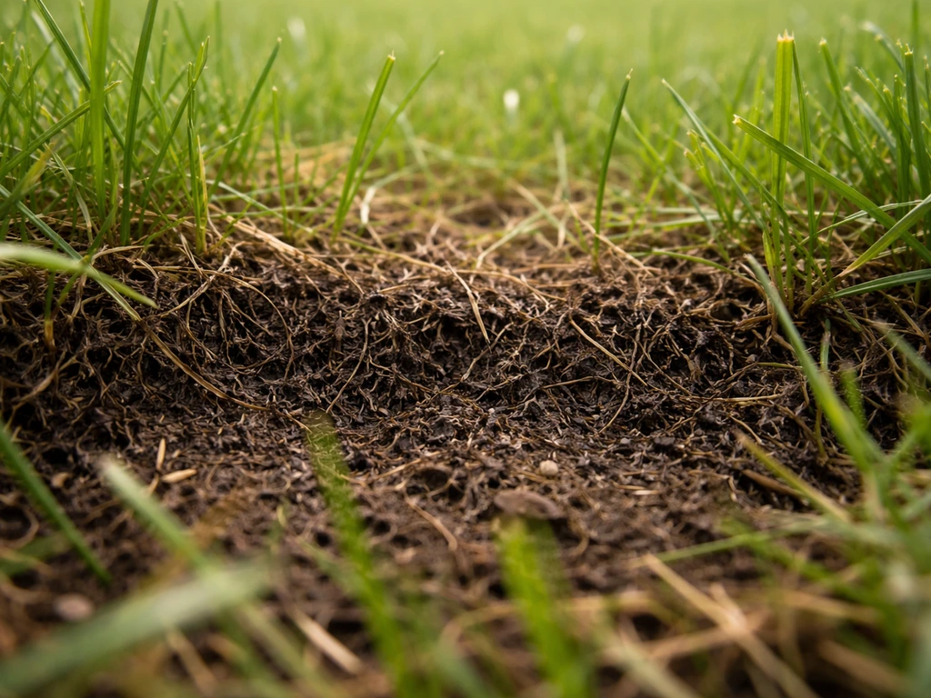 Gros plan du sol avec une couche de feutrage organique sombre et épaisse à la base des brins d’herbe.