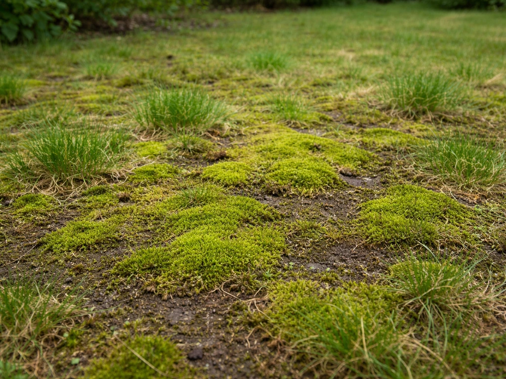 Gazon envahi de mousse dense en plaques, herbe clairsemée autour dans un jardin au sol humide.