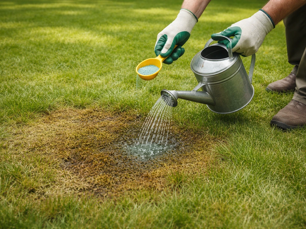 Jardinier appliquant un démoussant au sulfate de fer localement sur la pelouse, avec gants et arrosoir