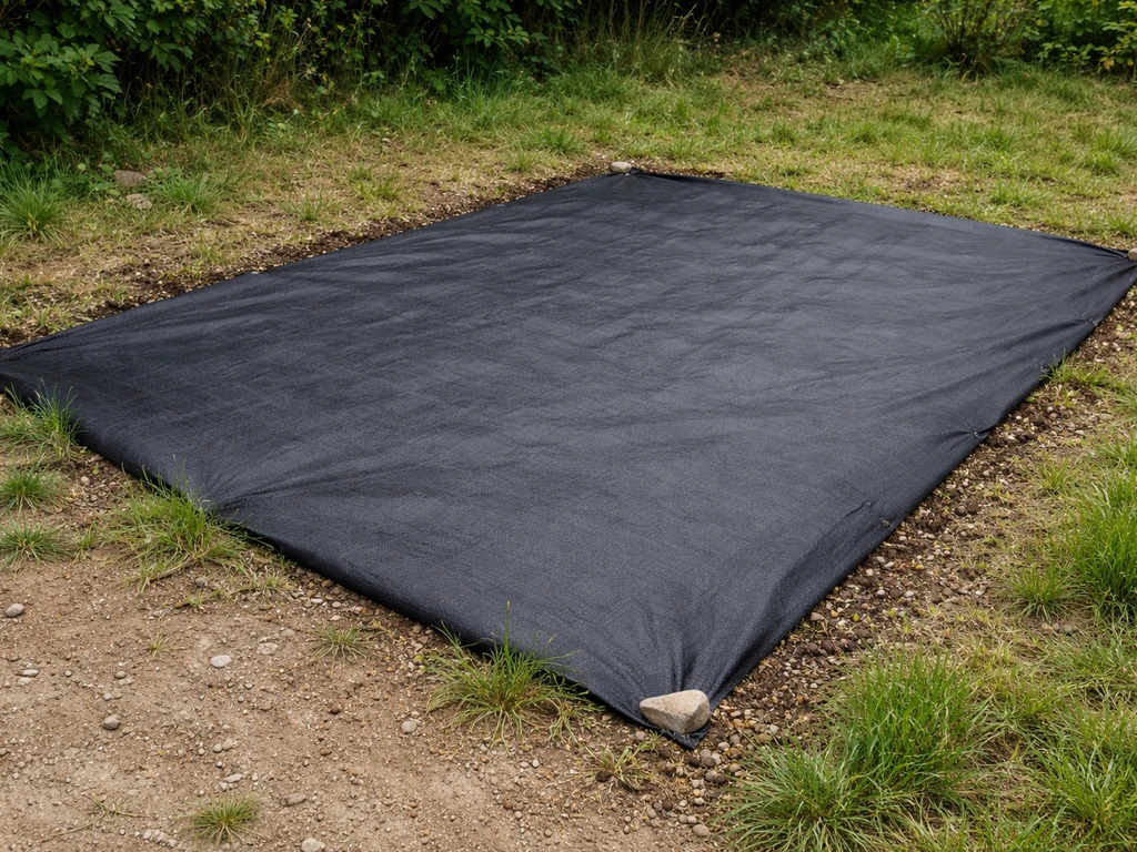 Une bâche sombre recouvre entièrement une zone de jardin pour étouffer le chiendent, sans personnes visibles.