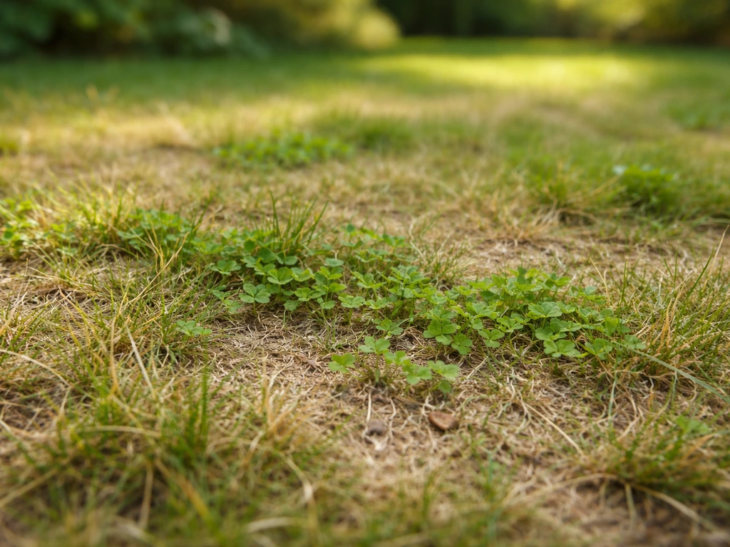 Gazon clairsemé avec petites pousses de trèfle vertes entre des brins d’herbe plus pâles