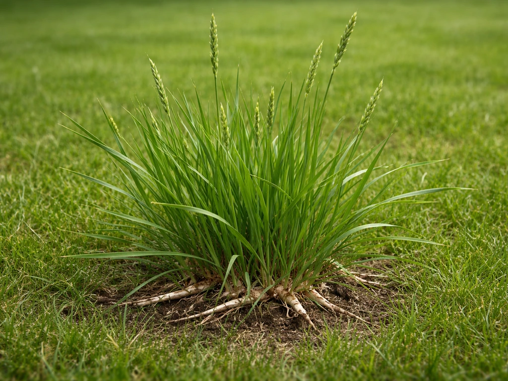 Touffe de chiendent en gros plan dans une pelouse, feuilles fines vertes et terre visible