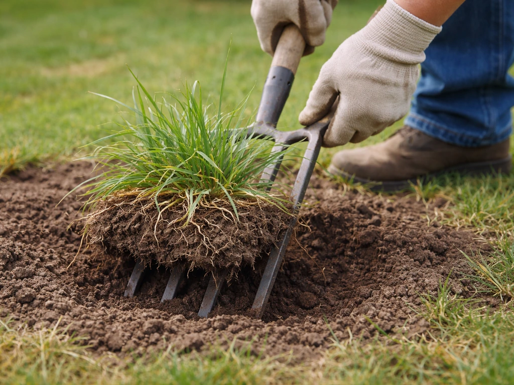 Fourche plantée autour d’une touffe de chiendent, motte de rhizomes soulevée dans la terre.