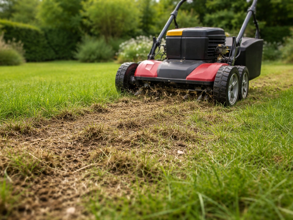 Scarificateur en action sur une pelouse, surface déstabilisée avec chaume et sol légèrement exposé.