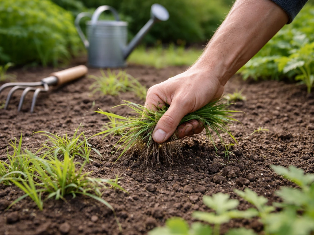 Main arrachant de jeunes plantules de digitaire dans un potager, sol dégagé et outils de jardin visibles.