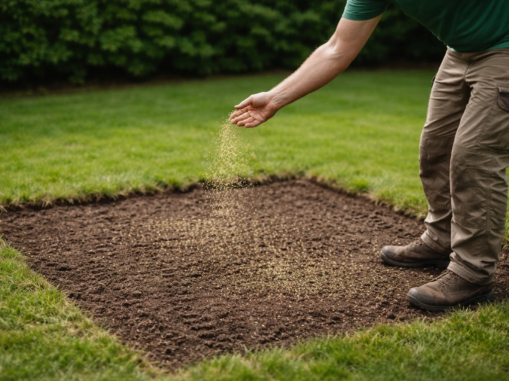 Un jardinier répand des semences sur une zone de pelouse nue fraîchement préparée.