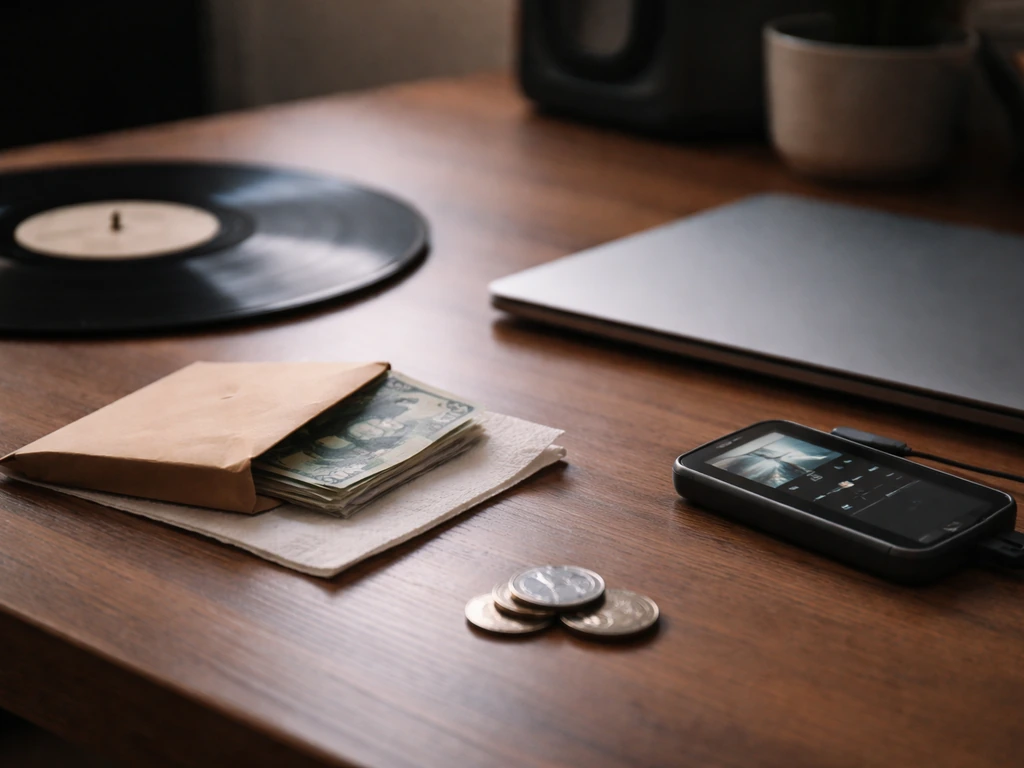 Close-up of a studio desk with a vinyl record, cash envelope, and a closed laptop—symbolizing income vs royalties.