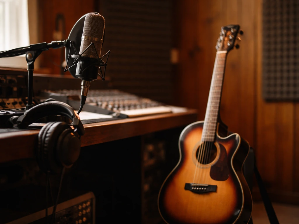 Vintage music studio scene with a guitar on a stand, evoking classic rock and record-era wealth