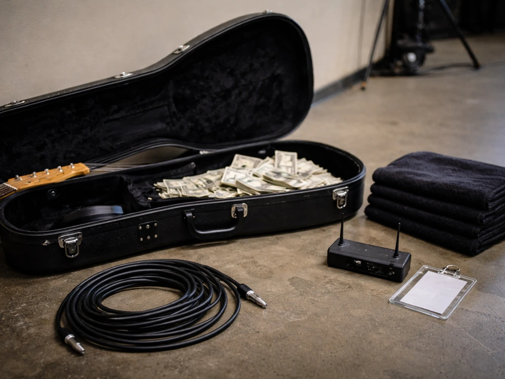 Backstage scene with an open guitar case and touring gear laid out under soft natural light.