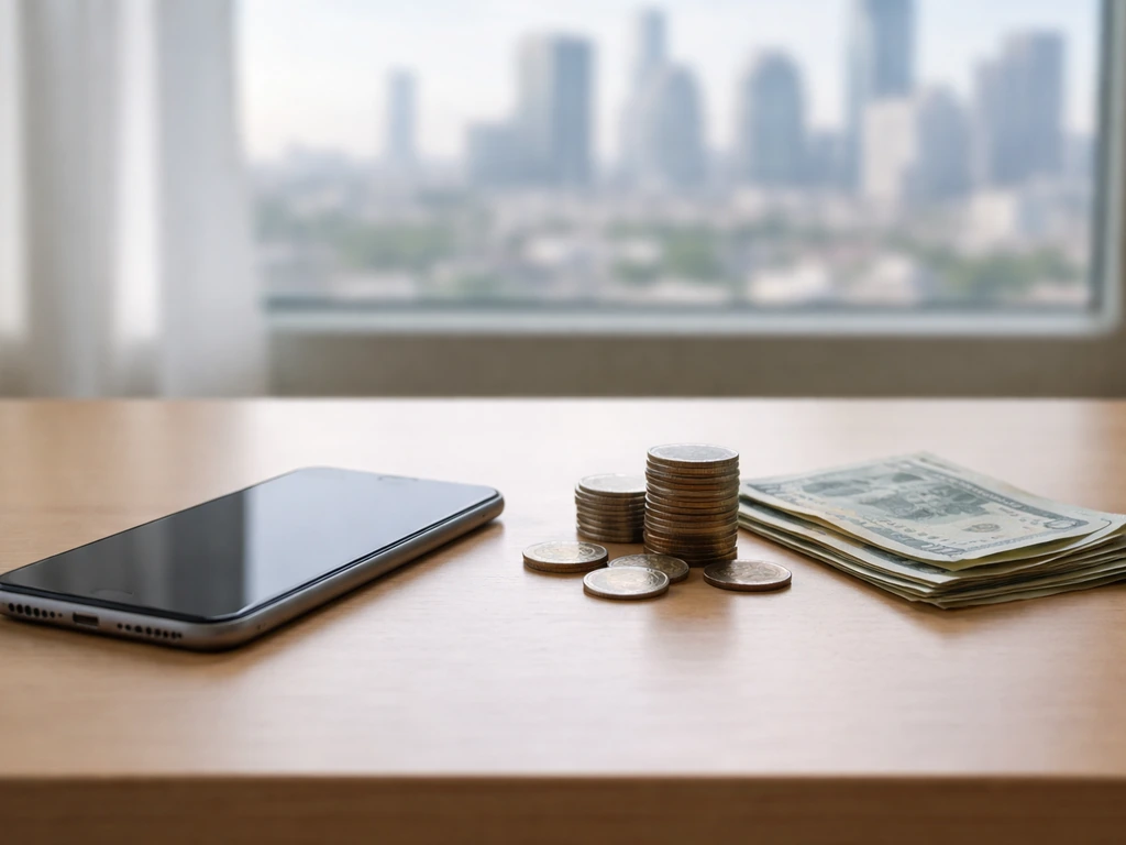An empty desk with a coin stack and a smartphone beside scattered currency, symbolizing conflicting net worth estimates