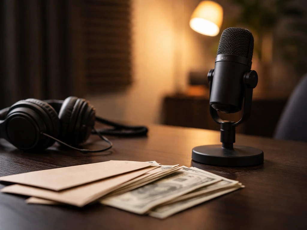 Minimal photo of a studio desk with a microphone and scattered cash-like envelopes, symbolizing media and money.