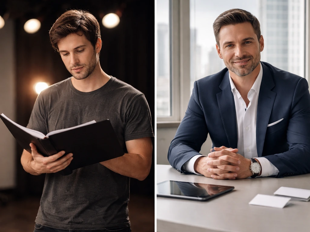 Minimal split-scene showing an actor-like figure and a CEO-like office setting for Mark L. Young clarification