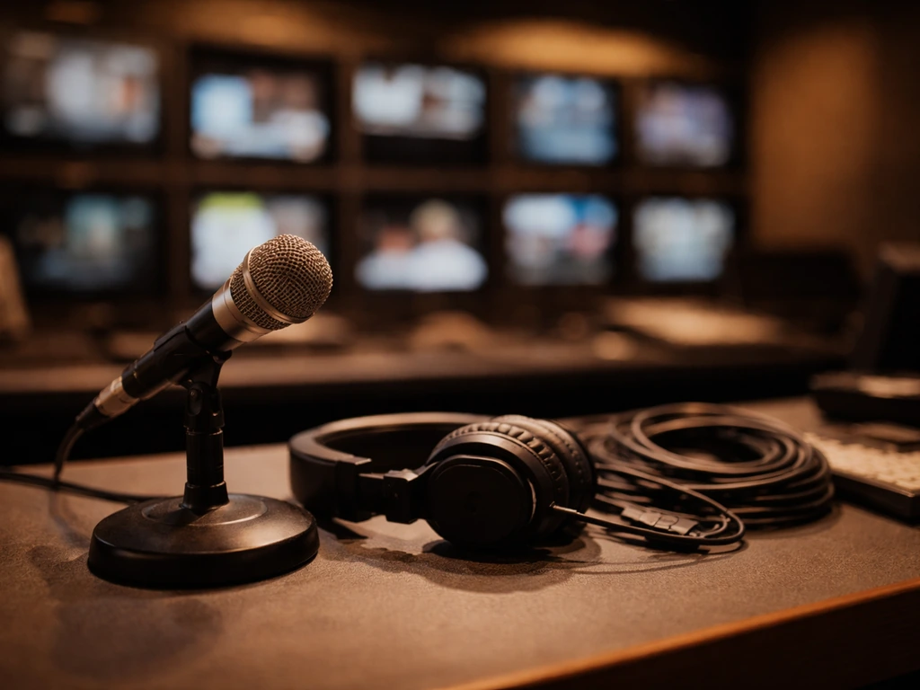 Minimal TV-media newsroom scene with soft evening light, symbolizing income from acting.