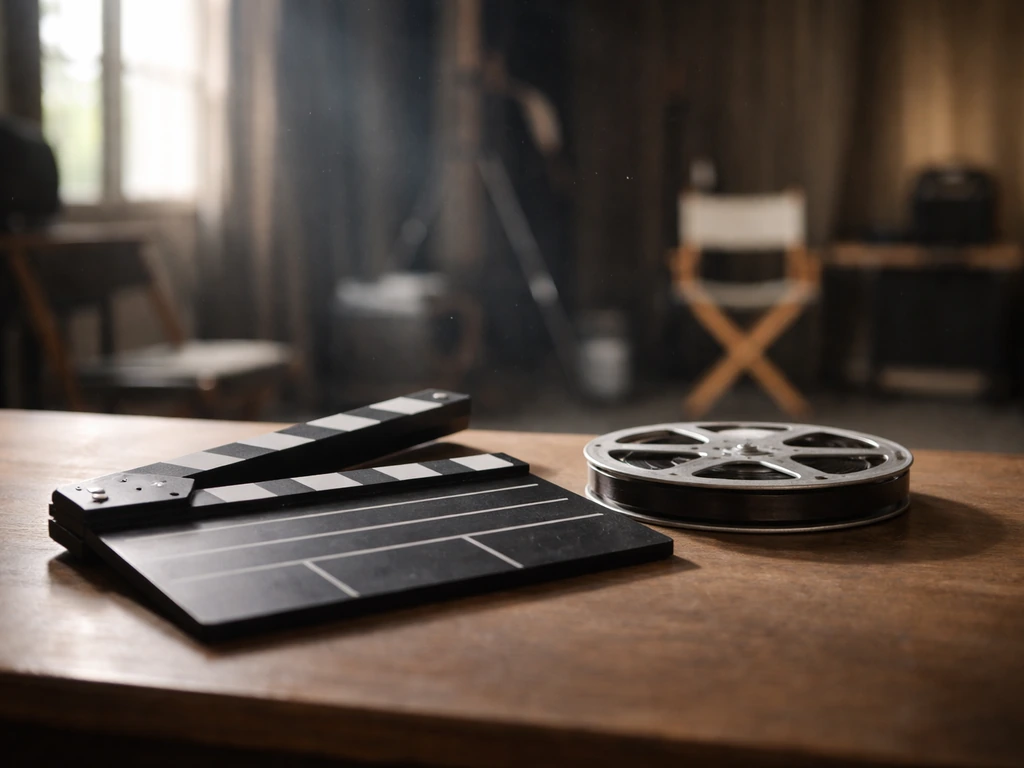 Minimal film-industry scene with a clapperboard and a film reel on a studio desk