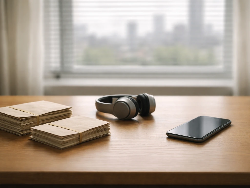 Minimal desk scene with a smartphone and cash envelopes, suggesting early vs later net worth timeline.