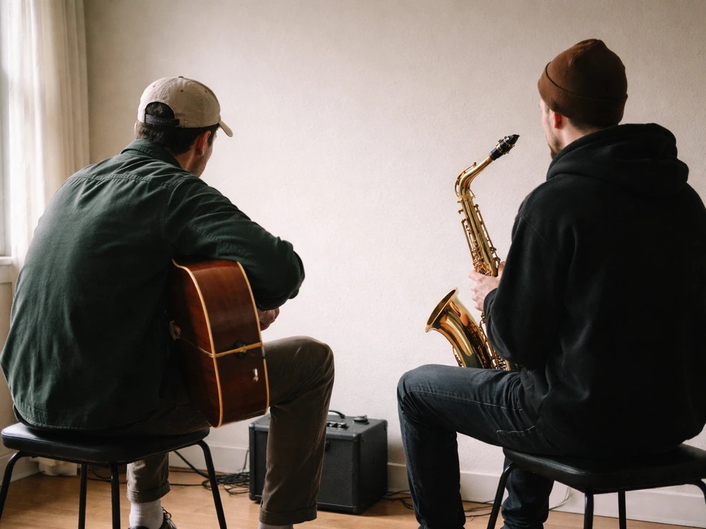 Two anonymous musicians sit back-to-back with different instruments, hinting at name confusion between identities.