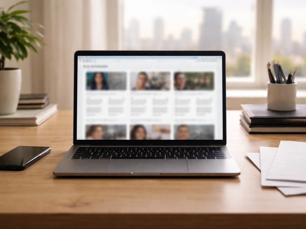 Minimal desk scene with a laptop showing blurred celebrity net-worth style pages, symbolizing estimate sources.