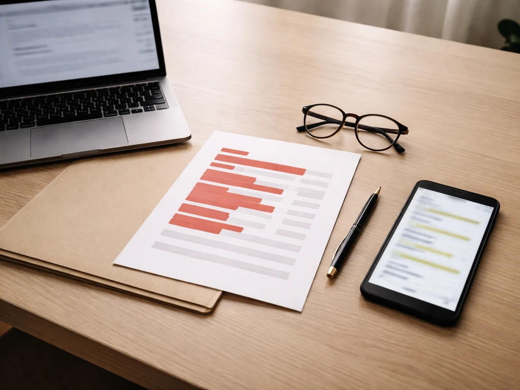 Minimal desk scene with laptop, papers, and a tablet showing a blurred royalty/property search workflow.