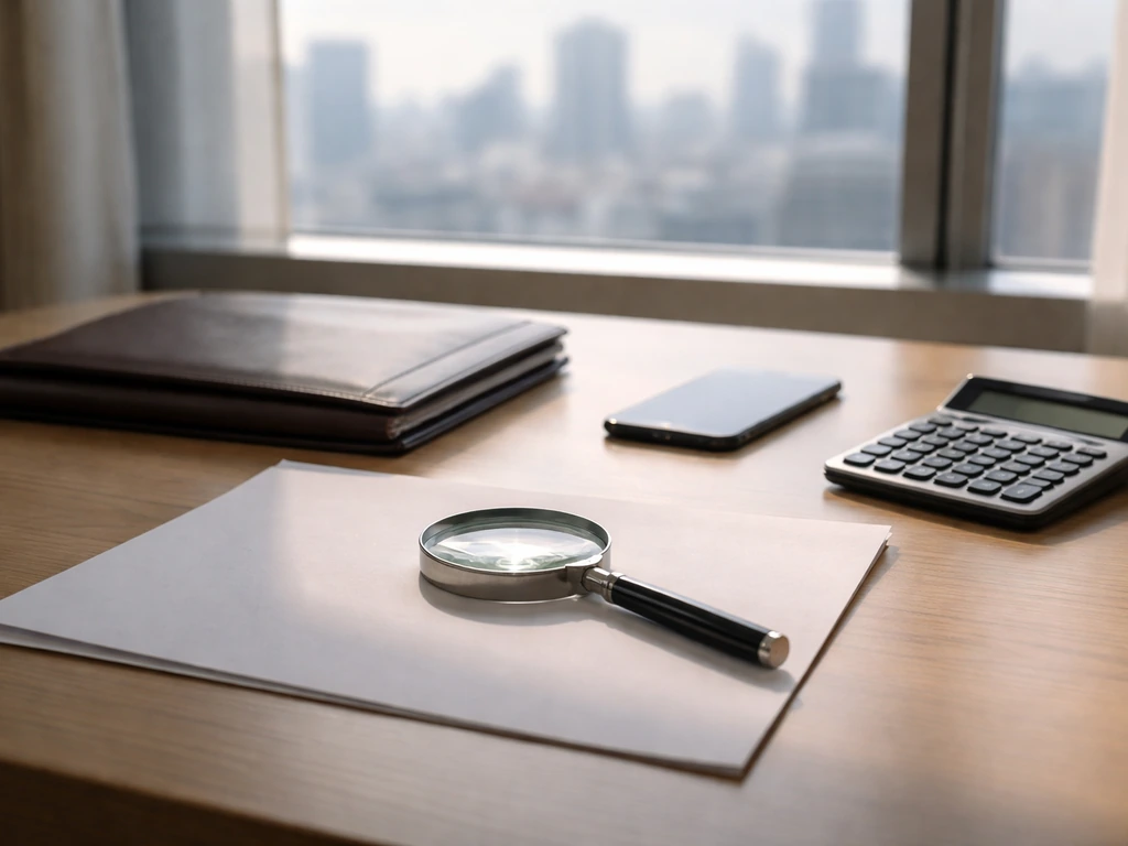 Magnifying glass and calculator on a finance document desk with a blurred city skyline background.